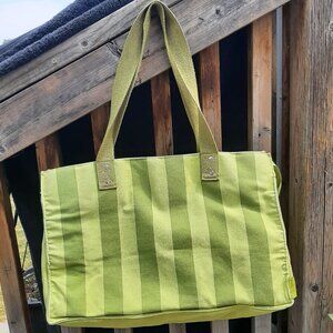 Mary Kay Green Striped Tote Bag 16"W x 11"x8”Double Handles Zipper Close